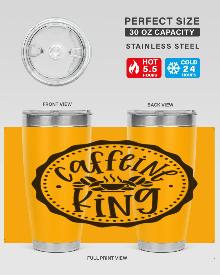 Caffeine King 186# Tumbler in stainless steel with a drink-thru lid, showcasing its sleek design and double wall insulation.