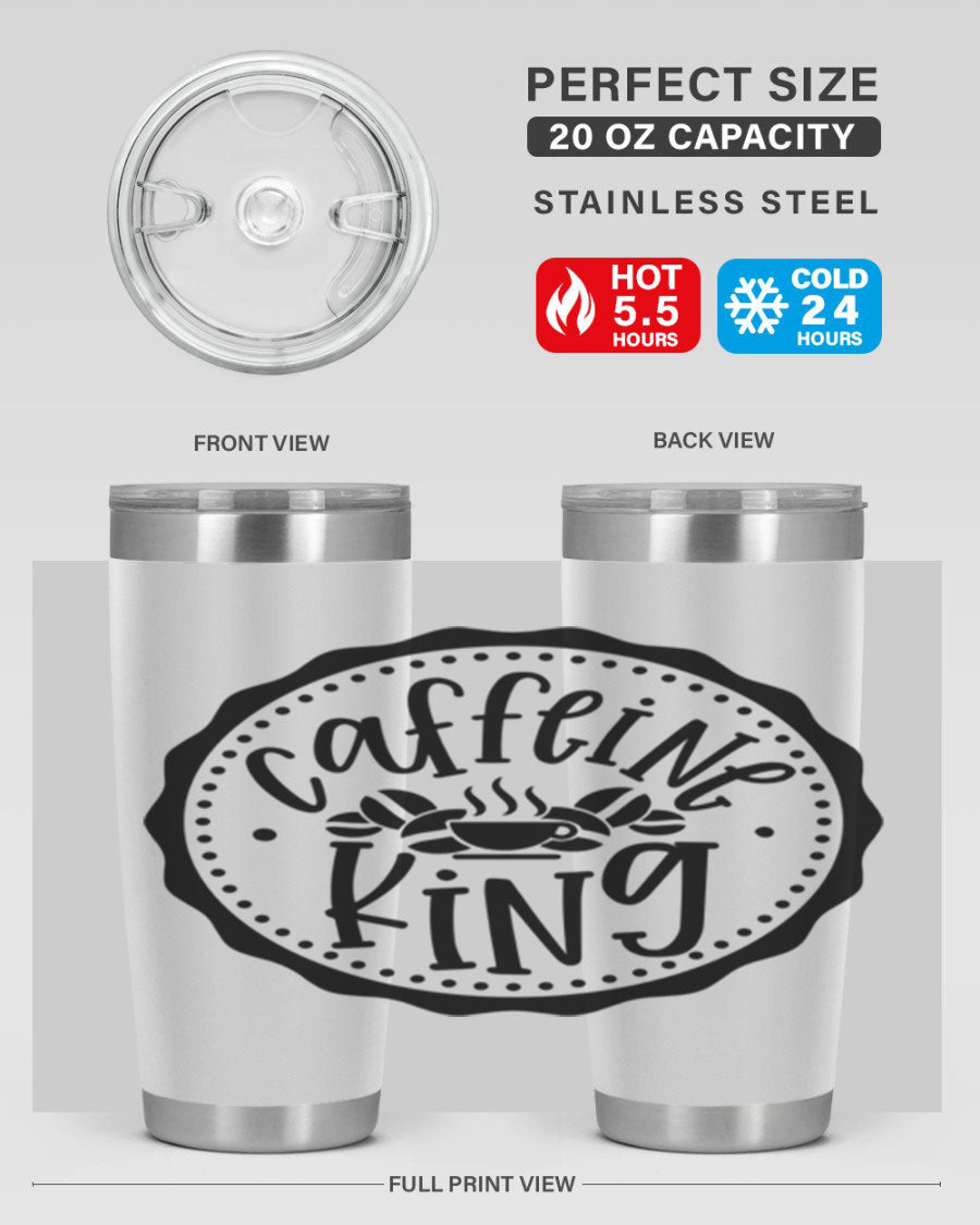 Caffeine King 186# Tumbler in stainless steel with a drink-thru lid, showcasing its sleek design and double wall insulation.