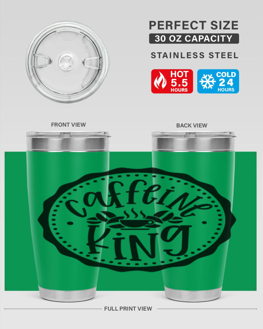 Caffeine King 186# Tumbler in stainless steel with a drink-thru lid, showcasing its sleek design and double wall insulation.