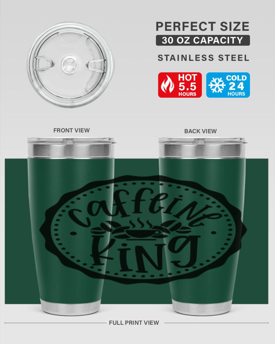 Caffeine King 186# Tumbler in stainless steel with a drink-thru lid, showcasing its sleek design and double wall insulation.