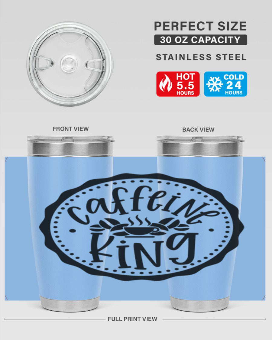 Caffeine King 186# Tumbler in stainless steel with a drink-thru lid, showcasing its sleek design and double wall insulation.