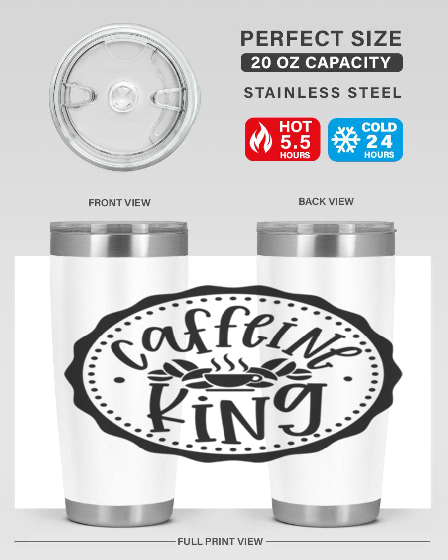 Caffeine King 186# Tumbler in stainless steel with a drink-thru lid, showcasing its sleek design and double wall insulation.