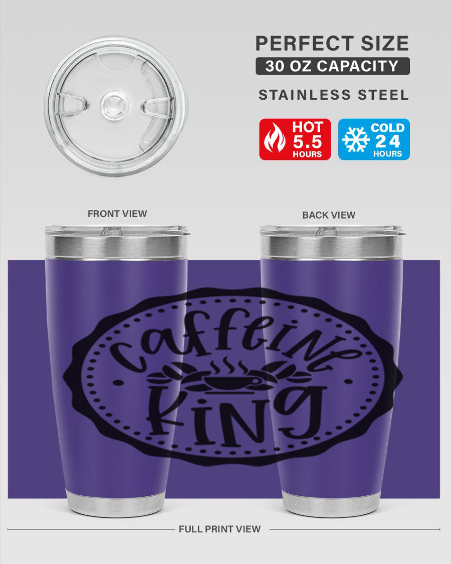 Caffeine King 186# Tumbler in stainless steel with a drink-thru lid, showcasing its sleek design and double wall insulation.