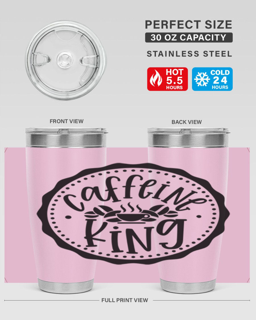 Caffeine King 186# Tumbler in stainless steel with a drink-thru lid, showcasing its sleek design and double wall insulation.