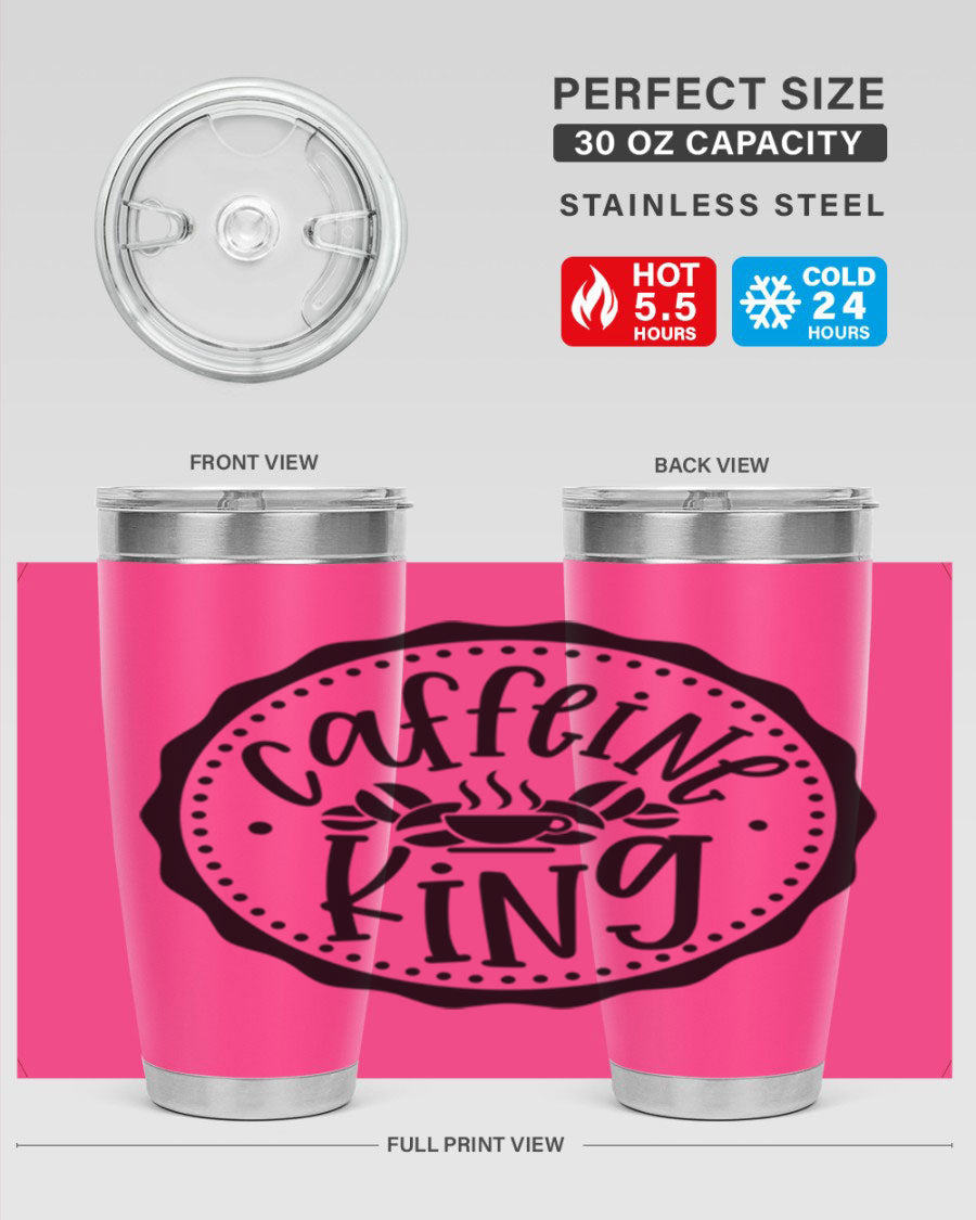 Caffeine King 186# Tumbler in stainless steel with a drink-thru lid, showcasing its sleek design and double wall insulation.