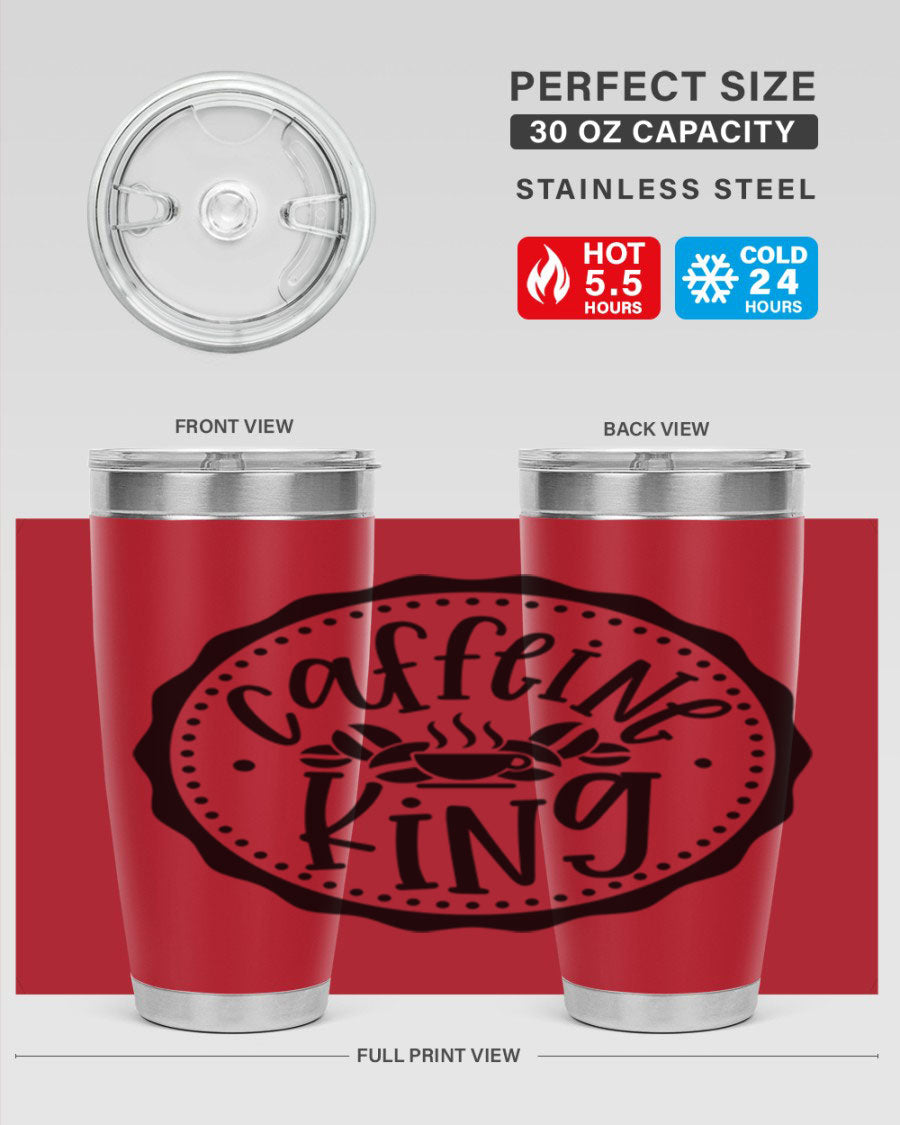 Caffeine King 186# Tumbler in stainless steel with a drink-thru lid, showcasing its sleek design and double wall insulation.