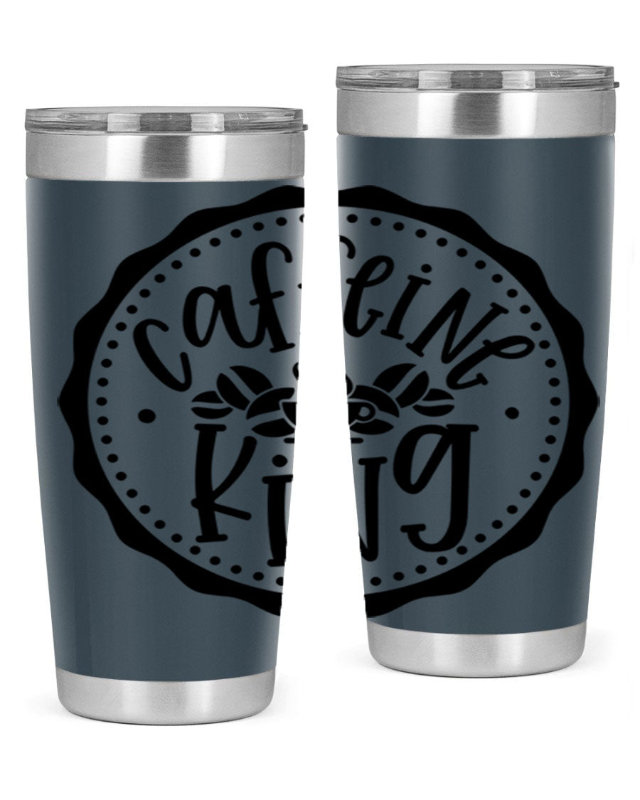 Caffeine King 186# Tumbler in stainless steel with a drink-thru lid, showcasing its sleek design and double wall insulation.