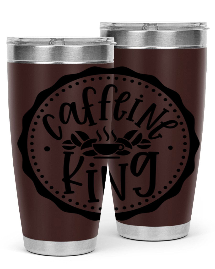 Caffeine King 186# Tumbler in stainless steel with a drink-thru lid, showcasing its sleek design and double wall insulation.