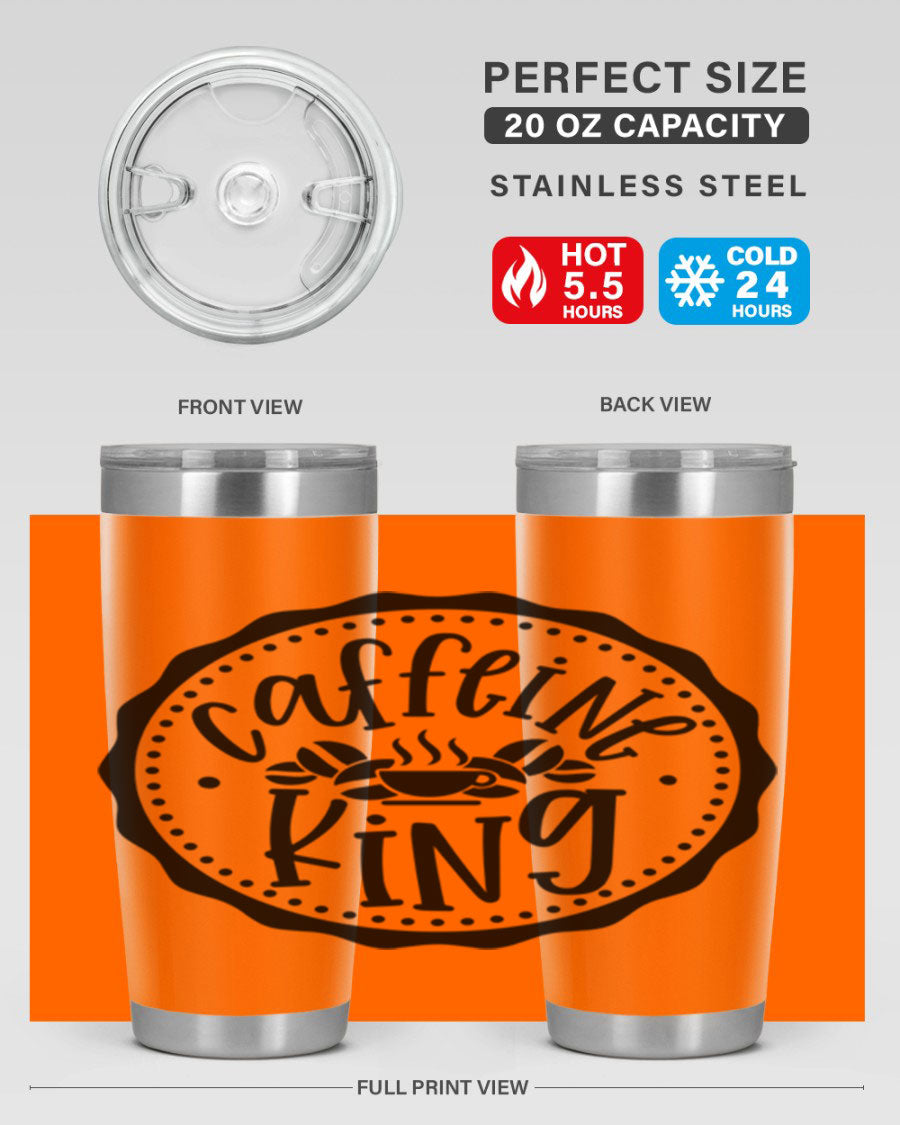 Caffeine King 186# Tumbler in stainless steel with a drink-thru lid, showcasing its sleek design and double wall insulation.