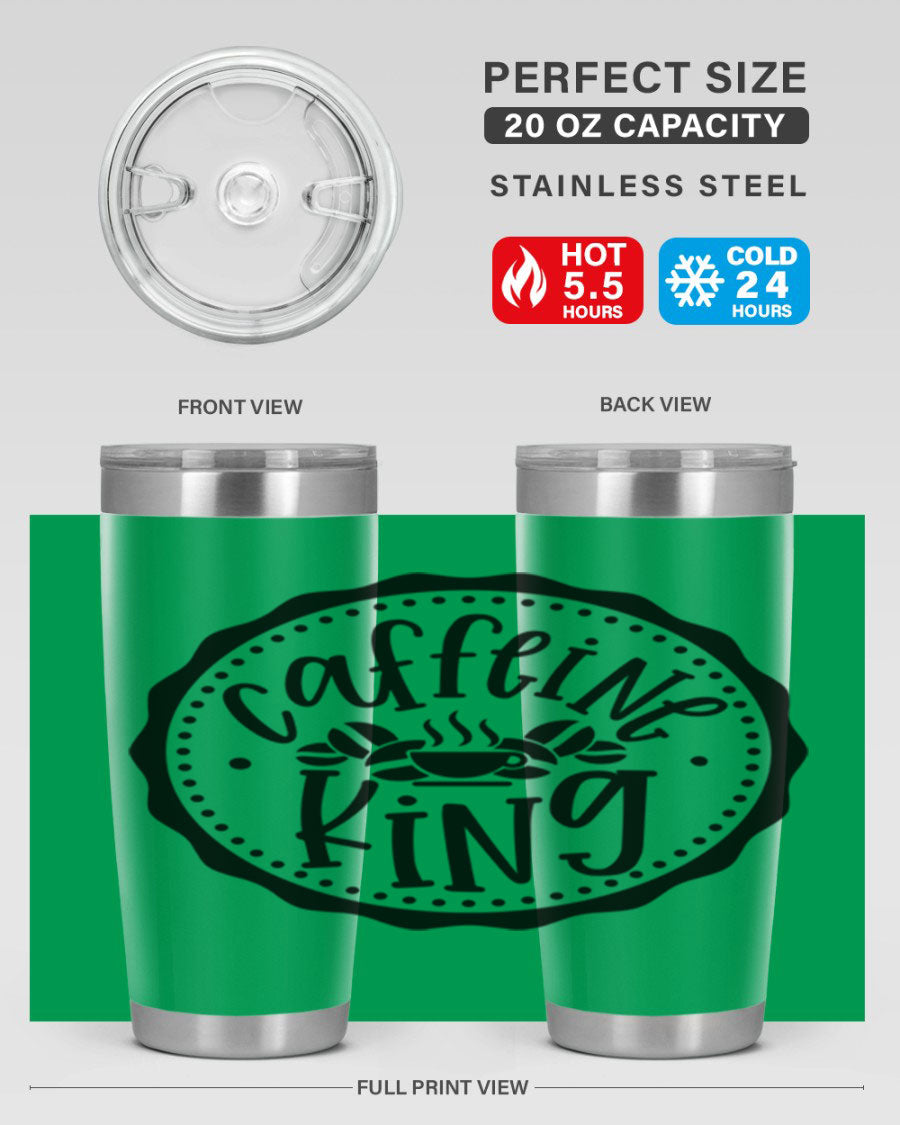 Caffeine King 186# Tumbler in stainless steel with a drink-thru lid, showcasing its sleek design and double wall insulation.