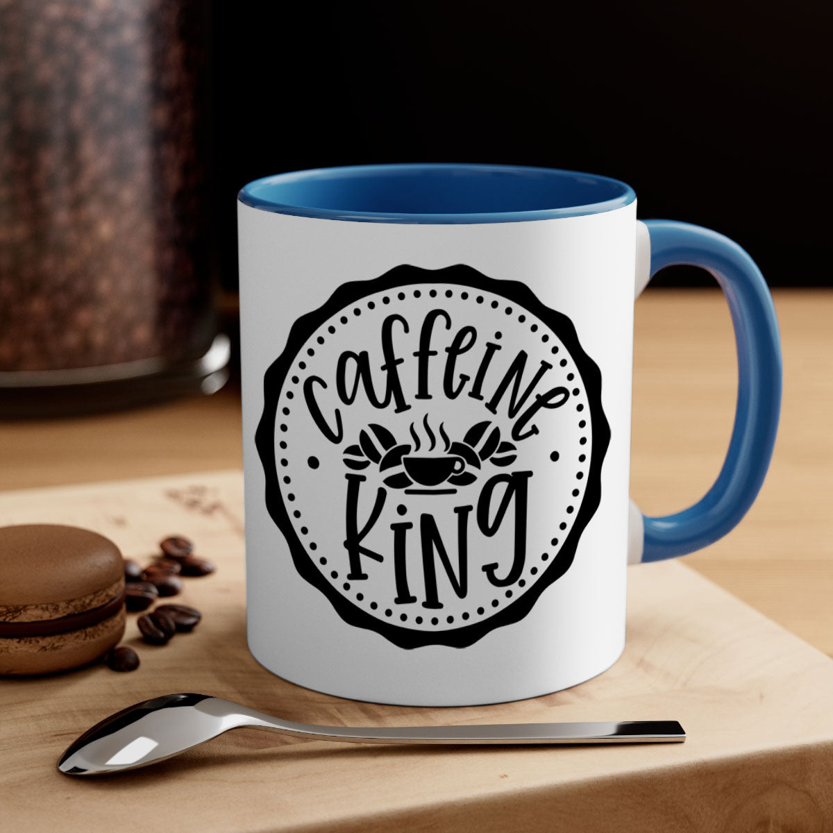 Caffeine King 186# Coffee Mug with colored handle and glossy finish, available in multiple colors and sizes.