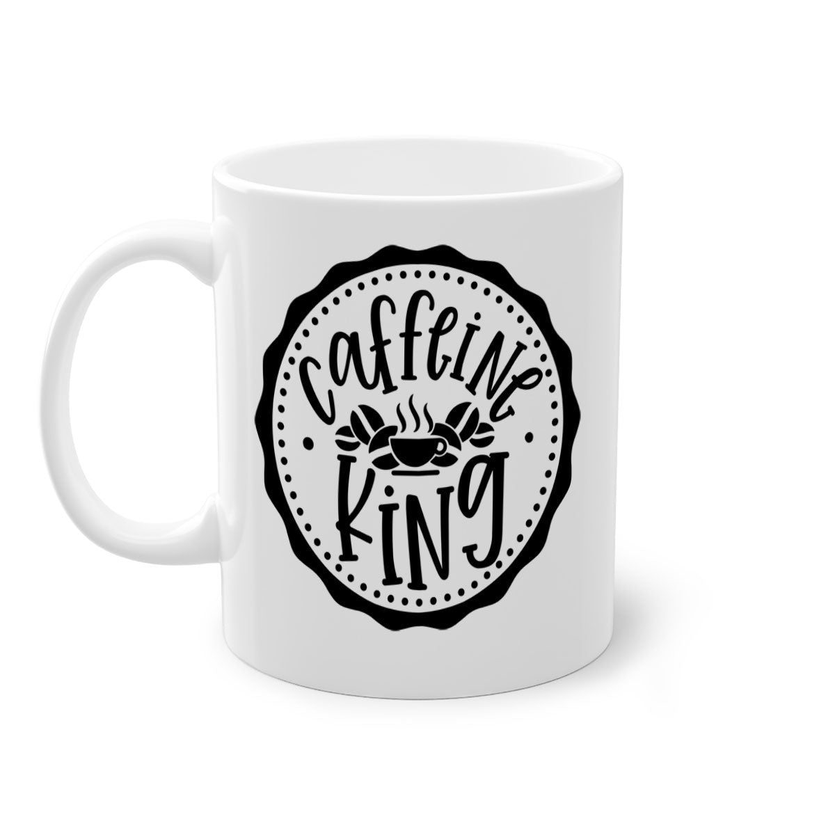 Caffeine King 186# Coffee Mug with colored handle and glossy finish, available in multiple colors and sizes.