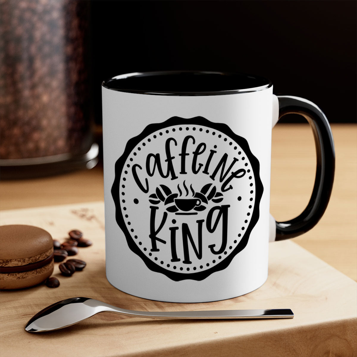 Caffeine King 186# Coffee Mug with colored handle and glossy finish, available in multiple colors and sizes.