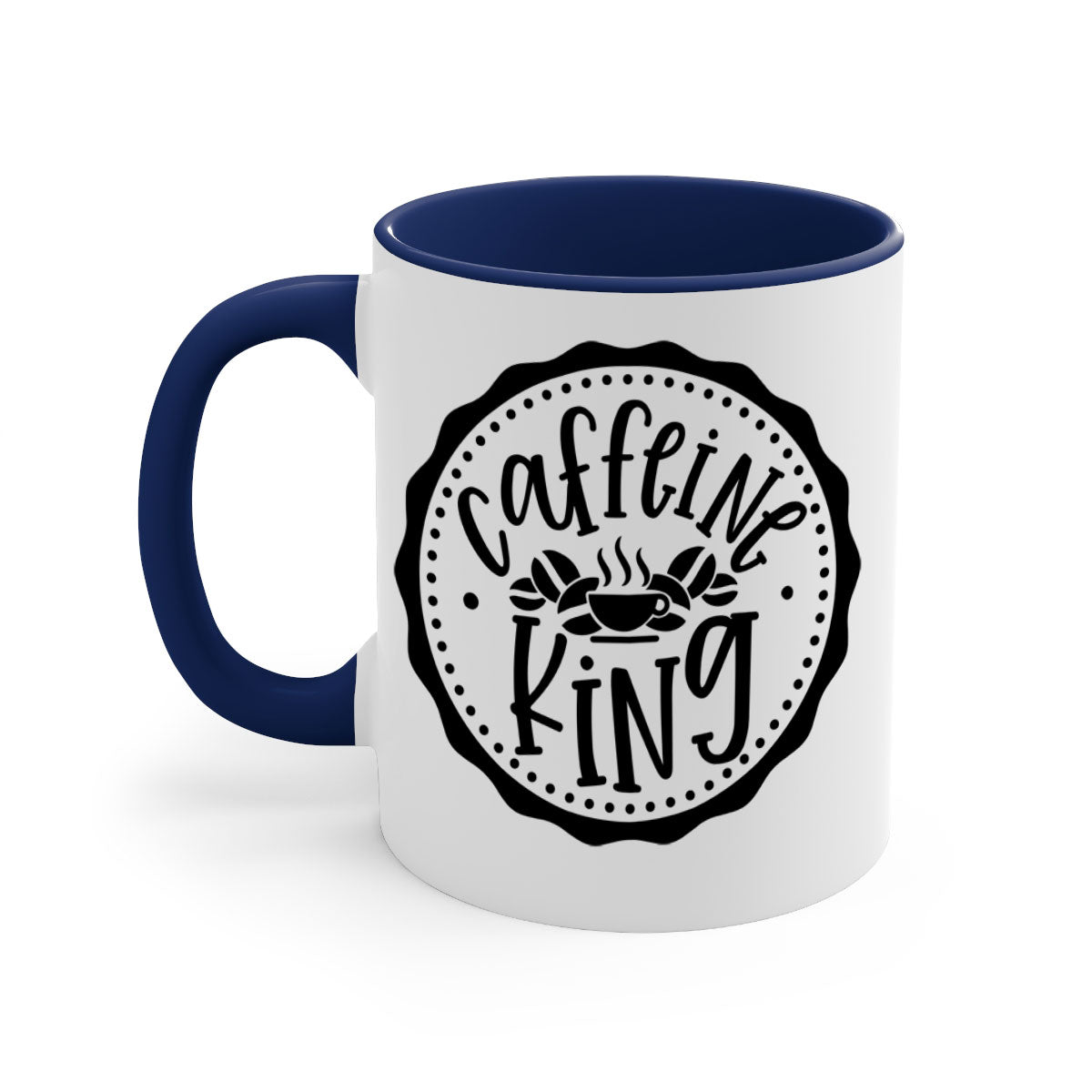 Caffeine King 186# Coffee Mug with colored handle and glossy finish, available in multiple colors and sizes.