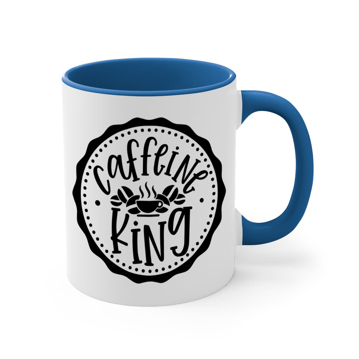 Caffeine King 186# Coffee Mug with colored handle and glossy finish, available in multiple colors and sizes.