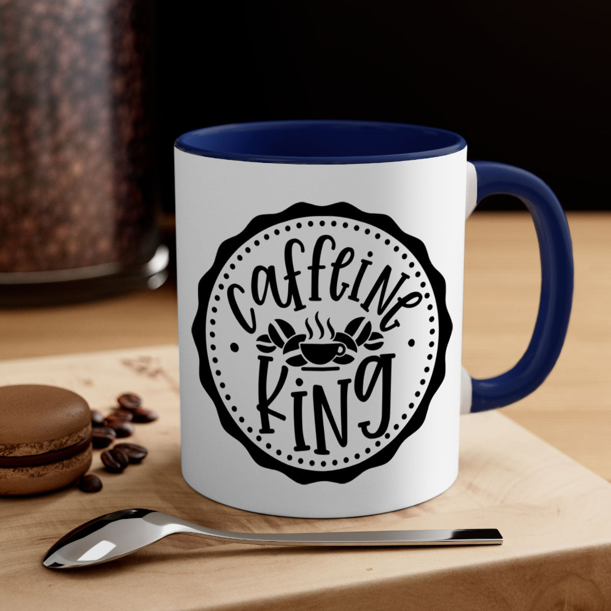 Caffeine King 186# Coffee Mug with colored handle and glossy finish, available in multiple colors and sizes.