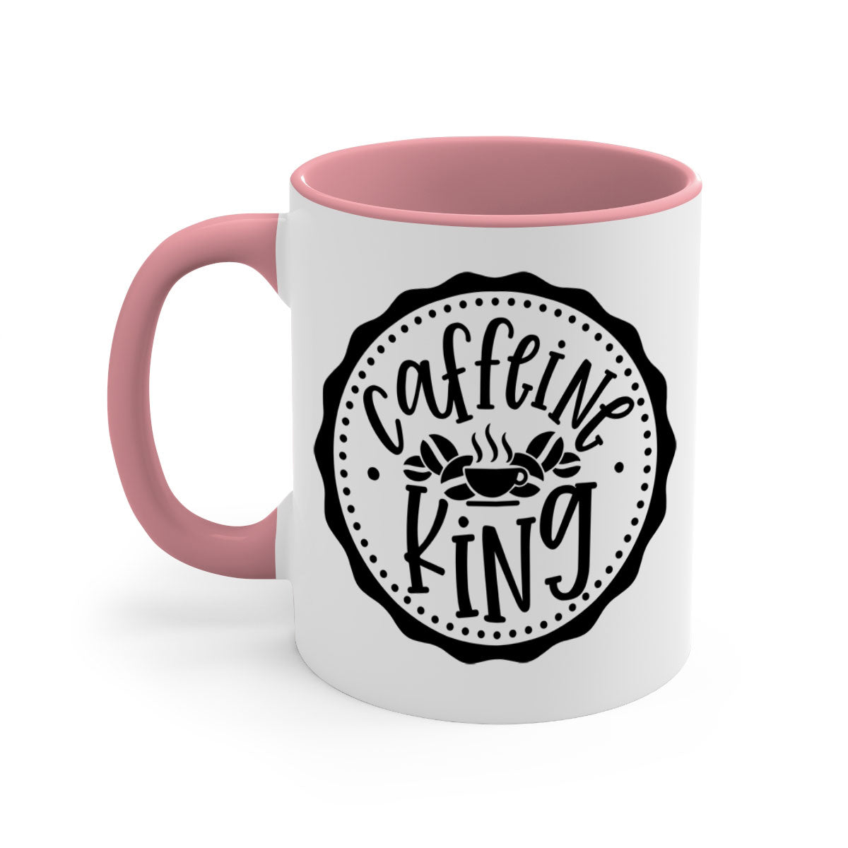 Caffeine King 186# Coffee Mug with colored handle and glossy finish, available in multiple colors and sizes.