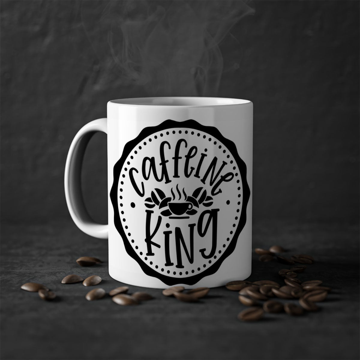 Caffeine King 186# Coffee Mug with colored handle and glossy finish, available in multiple colors and sizes.