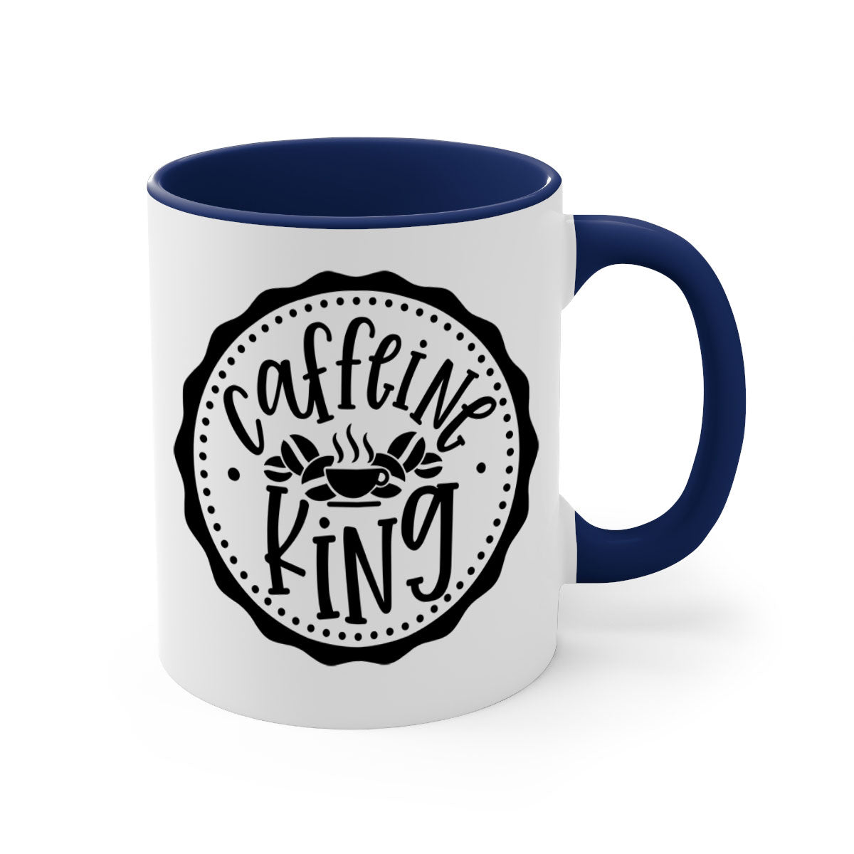 Caffeine King 186# Coffee Mug with colored handle and glossy finish, available in multiple colors and sizes.