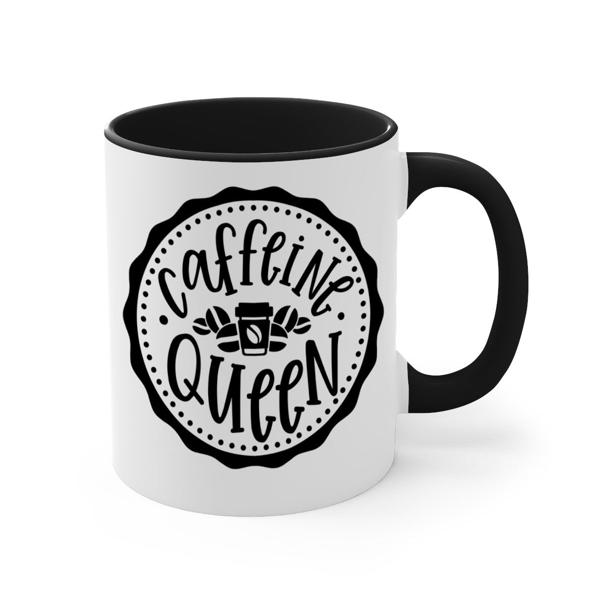 Caffeine Queen 185# Coffee Mug with colorful handle and glossy finish, available in multiple sizes and colors.