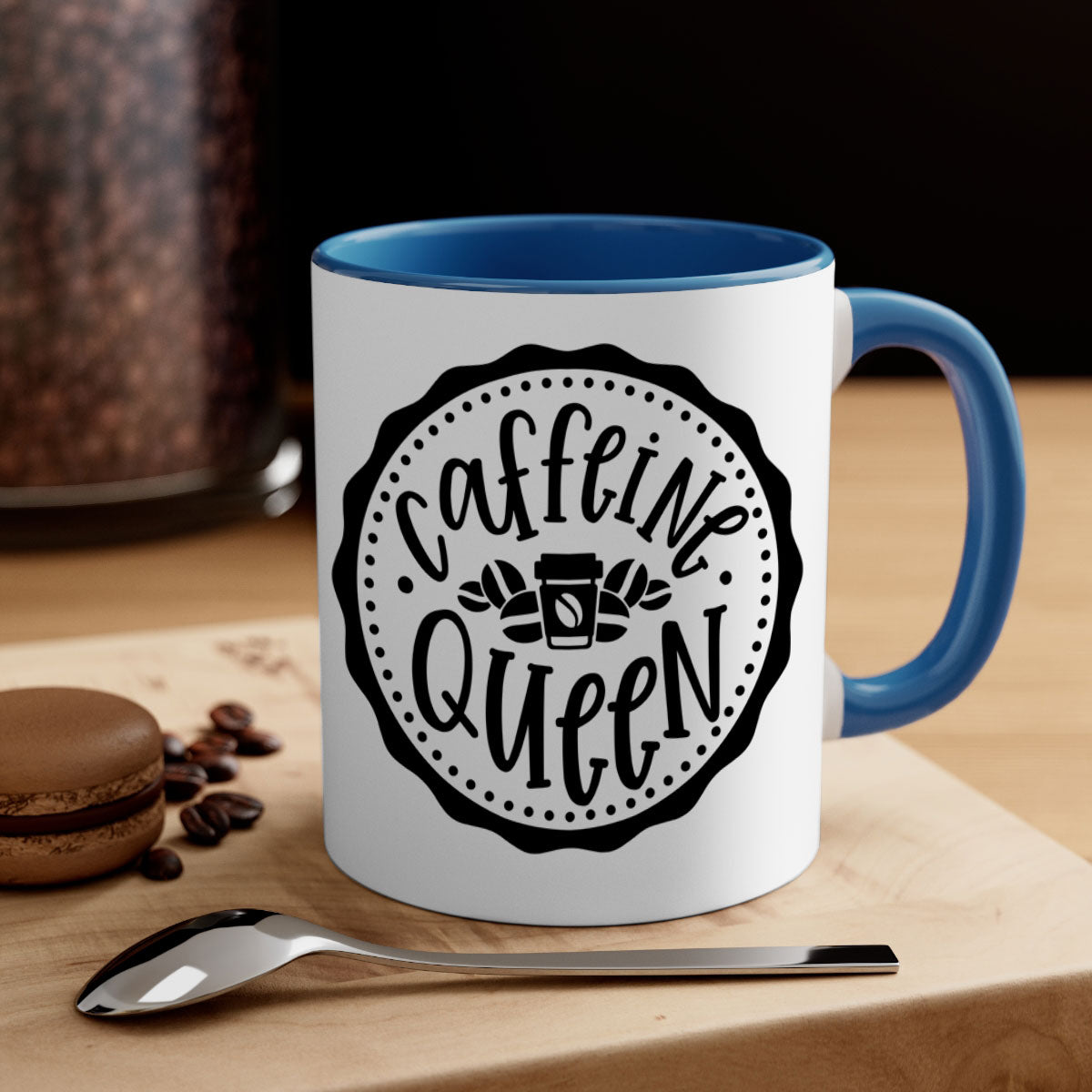 Caffeine Queen 185# Coffee Mug with colorful handle and glossy finish, available in multiple sizes and colors.