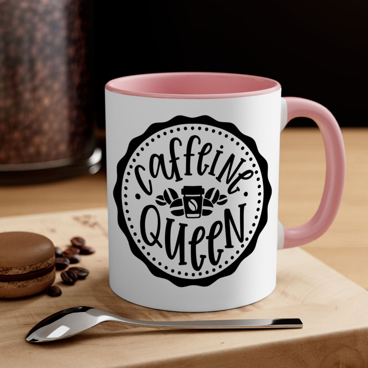 Caffeine Queen 185# Coffee Mug with colorful handle and glossy finish, available in multiple sizes and colors.