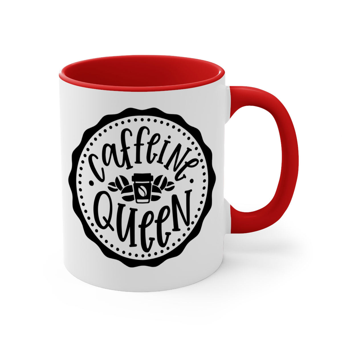 Caffeine Queen 185# Coffee Mug with colorful handle and glossy finish, available in multiple sizes and colors.