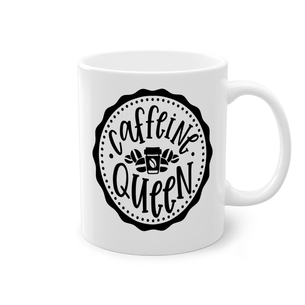 Caffeine Queen 185# Coffee Mug with colorful handle and glossy finish, available in multiple sizes and colors.