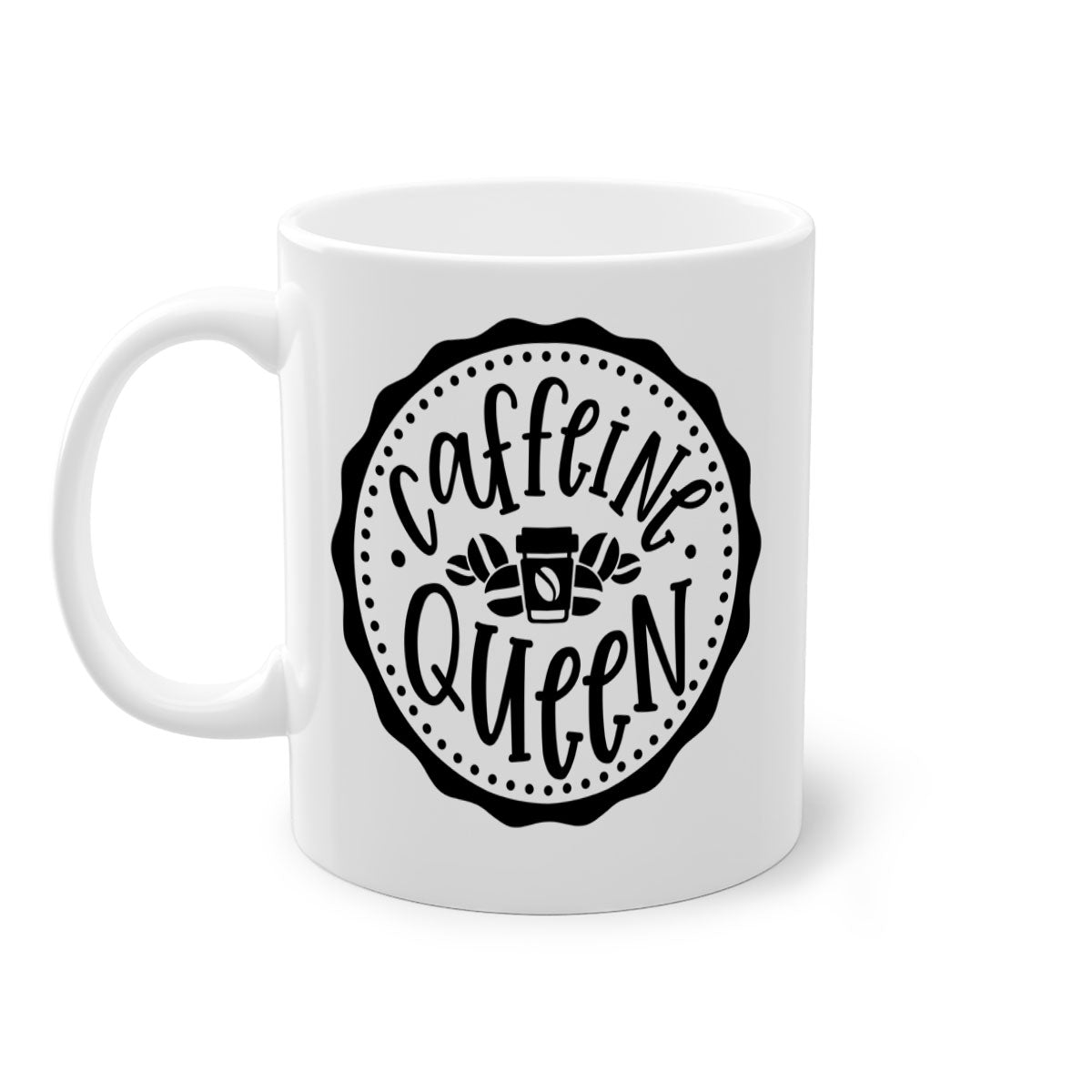 Caffeine Queen 185# Coffee Mug with colorful handle and glossy finish, available in multiple sizes and colors.