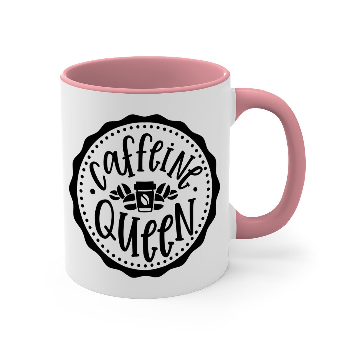 Caffeine Queen 185# Coffee Mug with colorful handle and glossy finish, available in multiple sizes and colors.