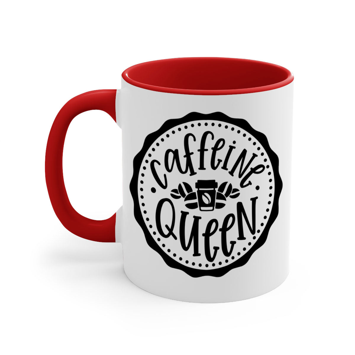 Caffeine Queen 185# Coffee Mug with colorful handle and glossy finish, available in multiple sizes and colors.