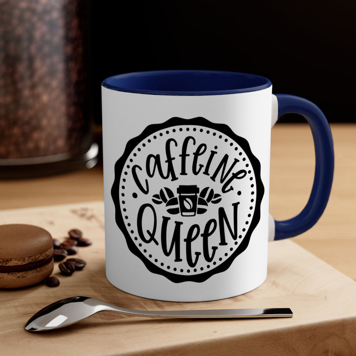 Caffeine Queen 185# Coffee Mug with colorful handle and glossy finish, available in multiple sizes and colors.