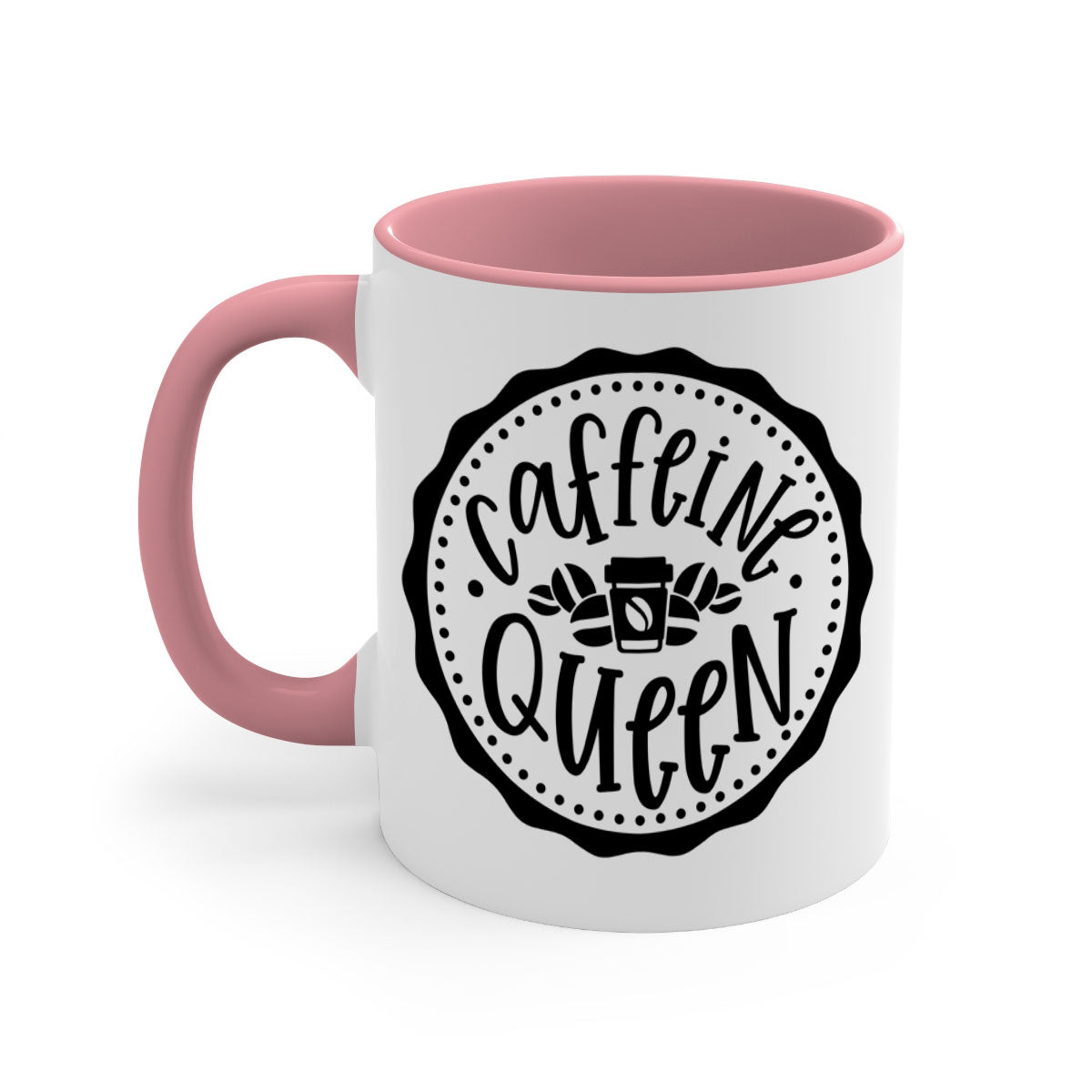 Caffeine Queen 185# Coffee Mug with colorful handle and glossy finish, available in multiple sizes and colors.