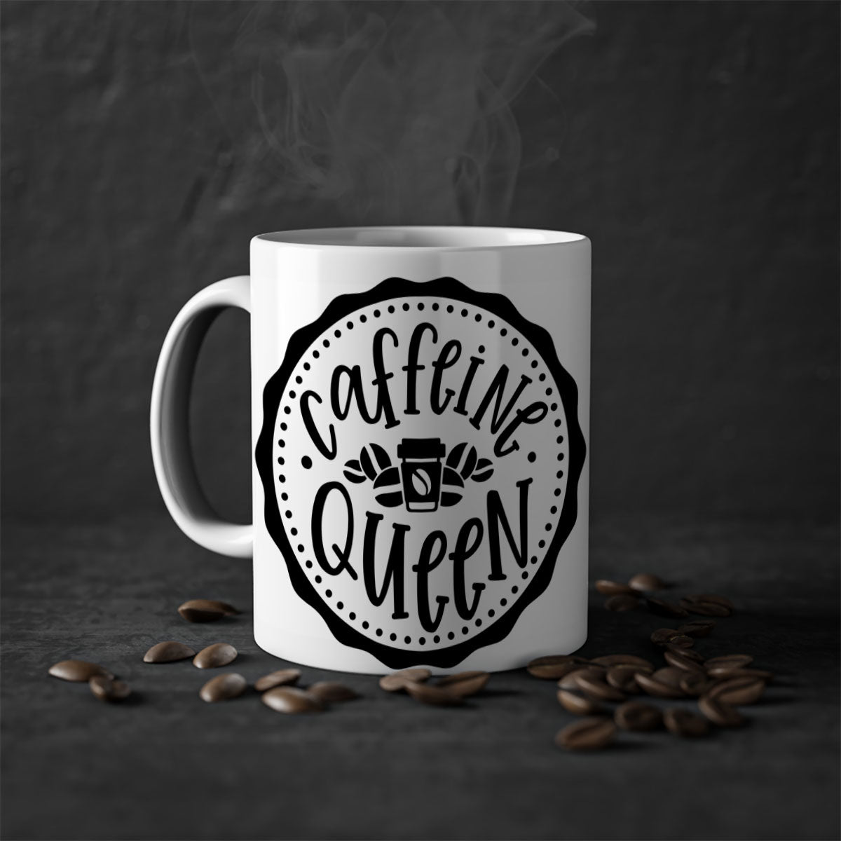 Caffeine Queen 185# Coffee Mug with colorful handle and glossy finish, available in multiple sizes and colors.