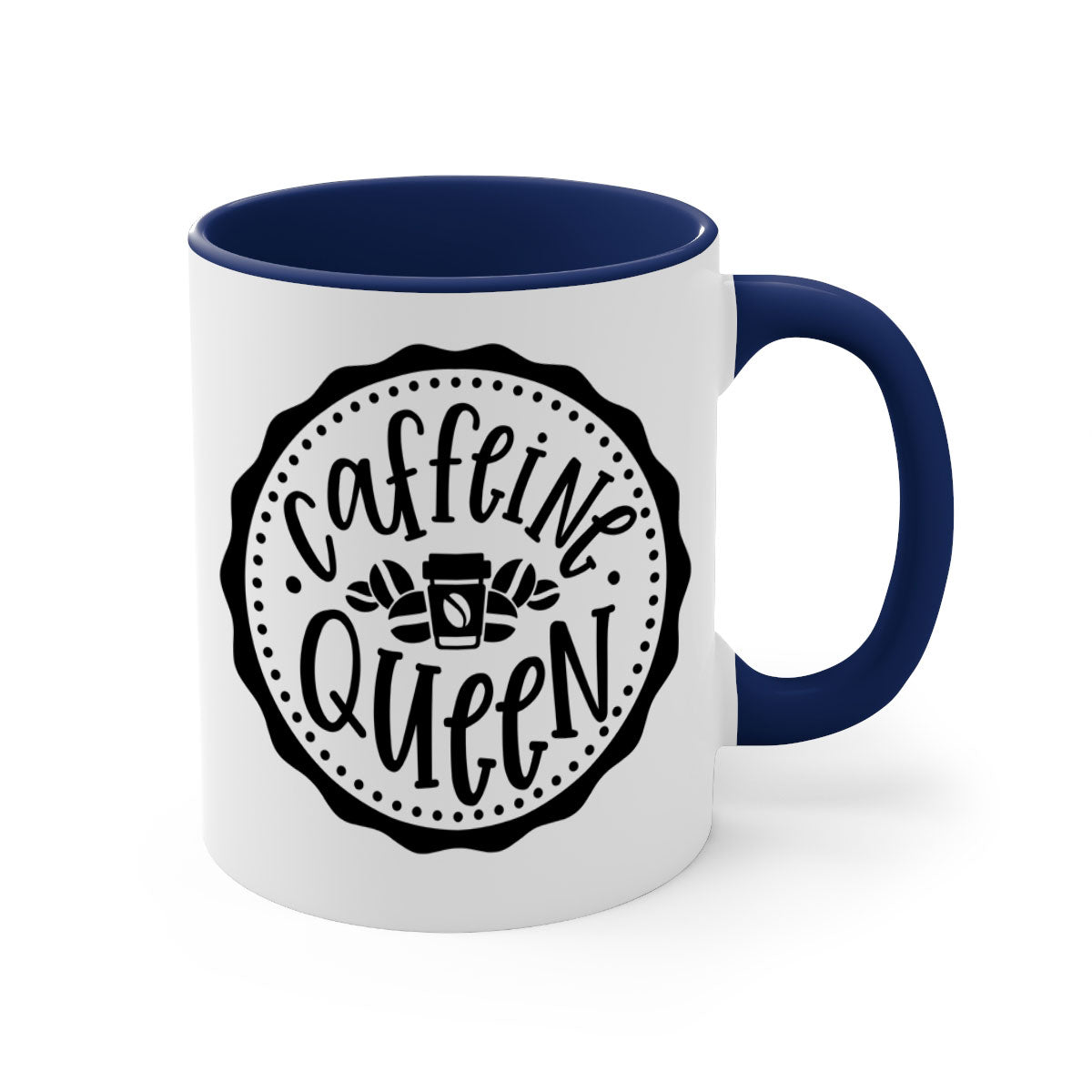 Caffeine Queen 185# Coffee Mug with colorful handle and glossy finish, available in multiple sizes and colors.