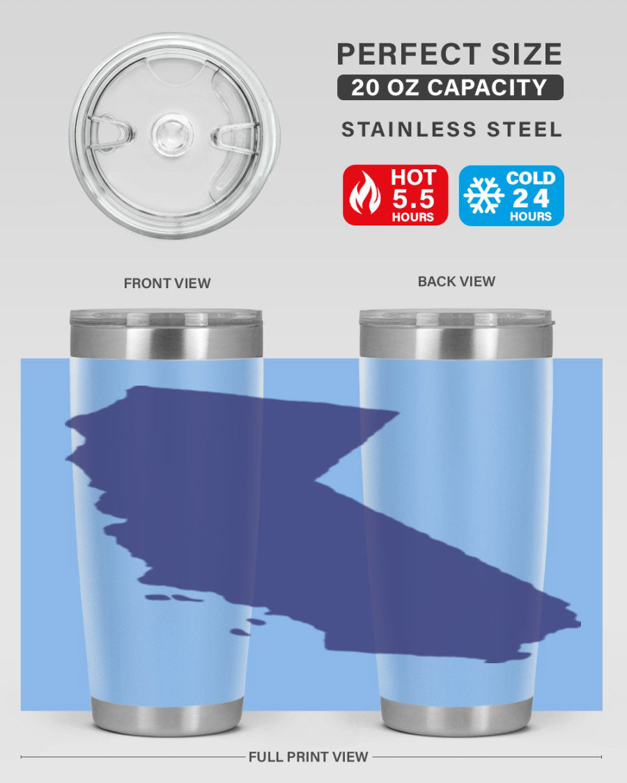 California 46# Tumbler featuring a sleek stainless steel design with a vibrant printed California state flag.