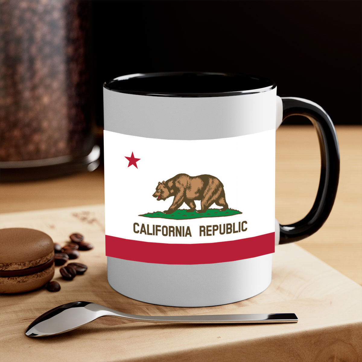 California 47# Mug featuring a glossy finish with a colored handle and interior, available in five vibrant colors.