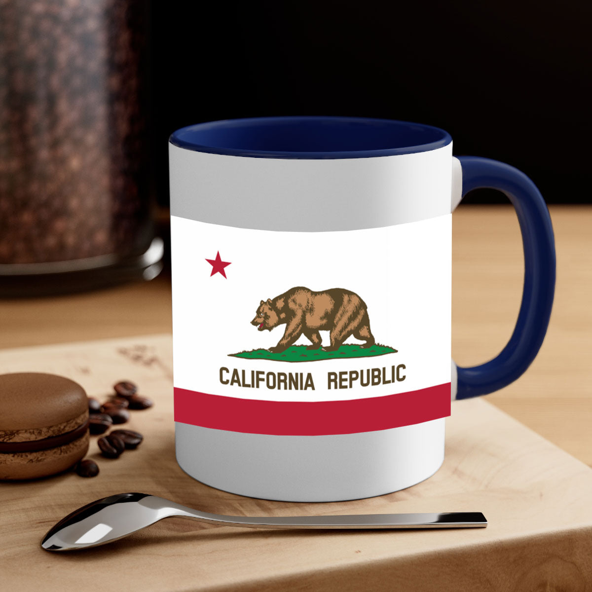 California 47# Mug featuring a glossy finish with a colored handle and interior, available in five vibrant colors.