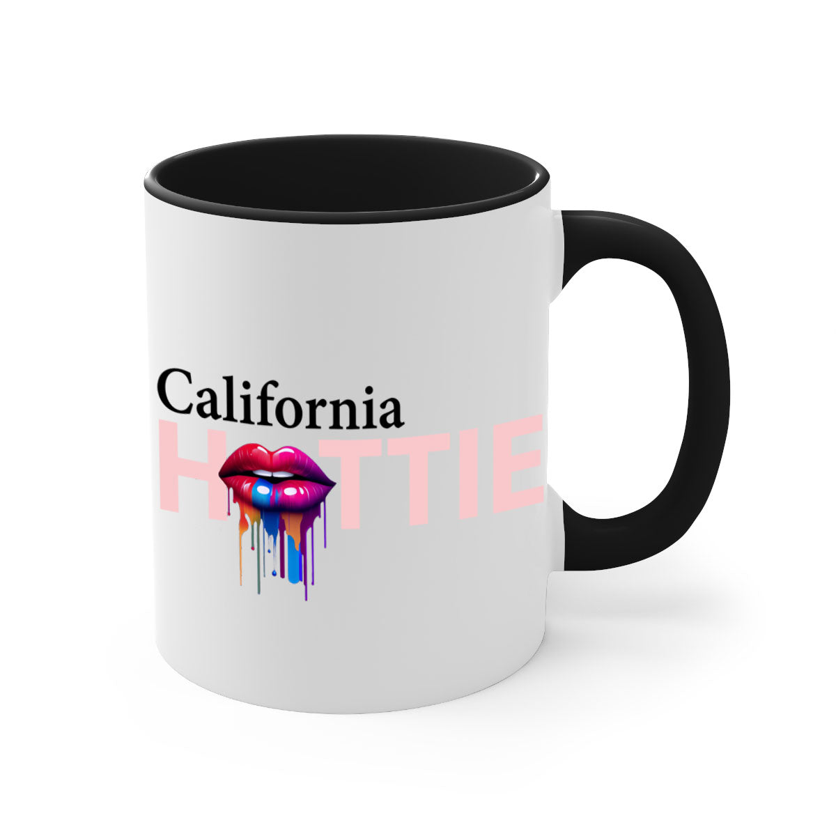 California Hottie Mug with dripping lips design, featuring a glossy finish and colorful handle, perfect for coffee and tea.