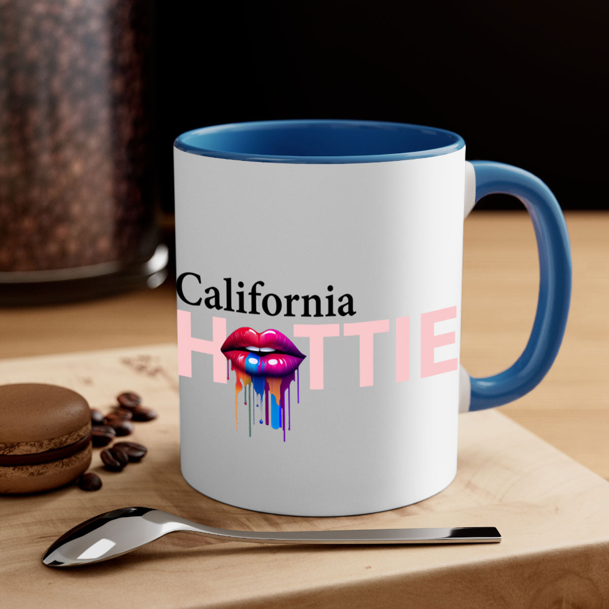 California Hottie Mug with dripping lips design, featuring a glossy finish and colorful handle, perfect for coffee and tea.