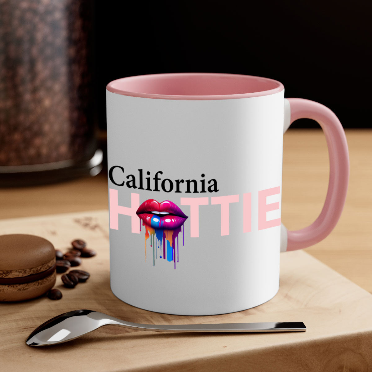 California Hottie Mug with dripping lips design, featuring a glossy finish and colorful handle, perfect for coffee and tea.