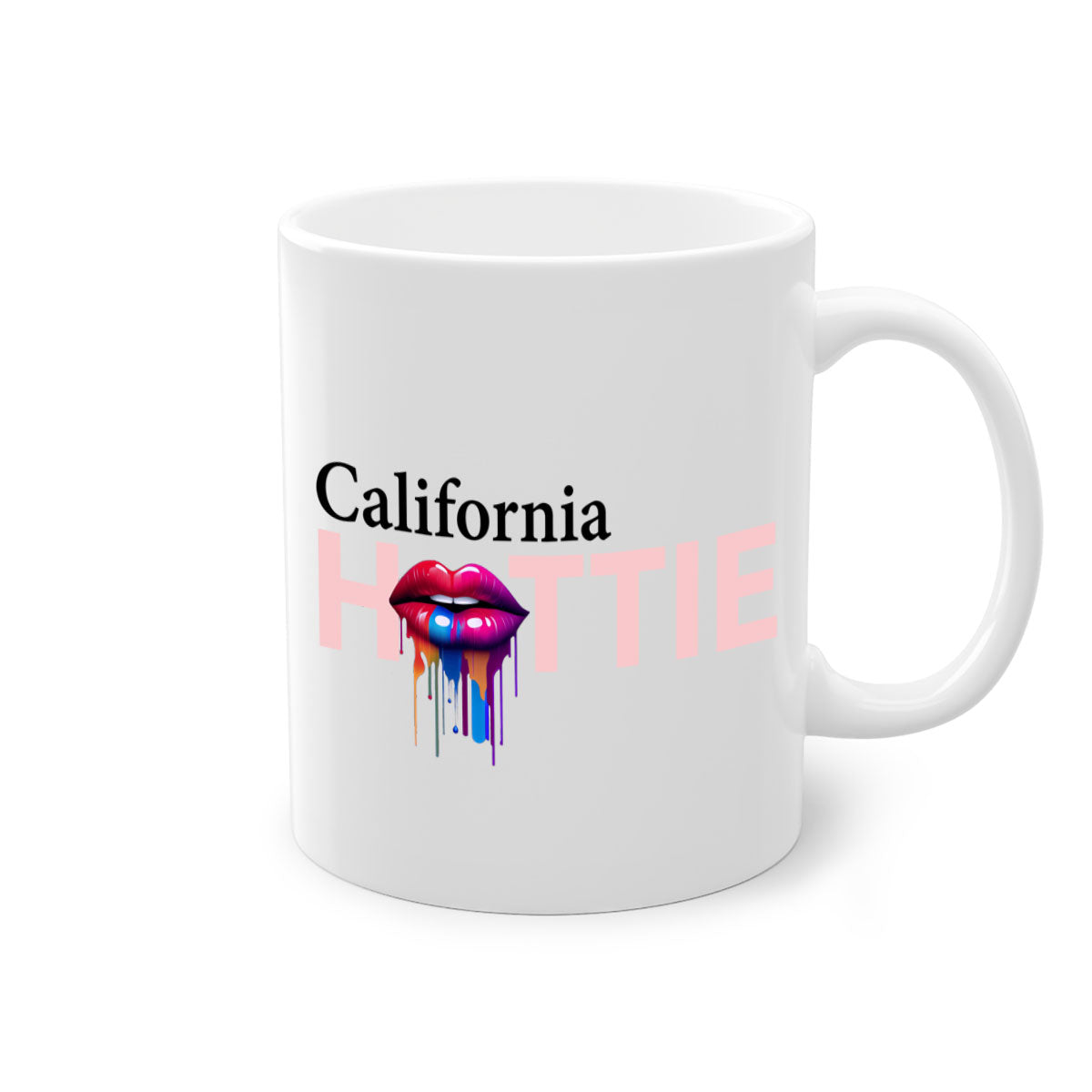 California Hottie Mug with dripping lips design, featuring a glossy finish and colorful handle, perfect for coffee and tea.