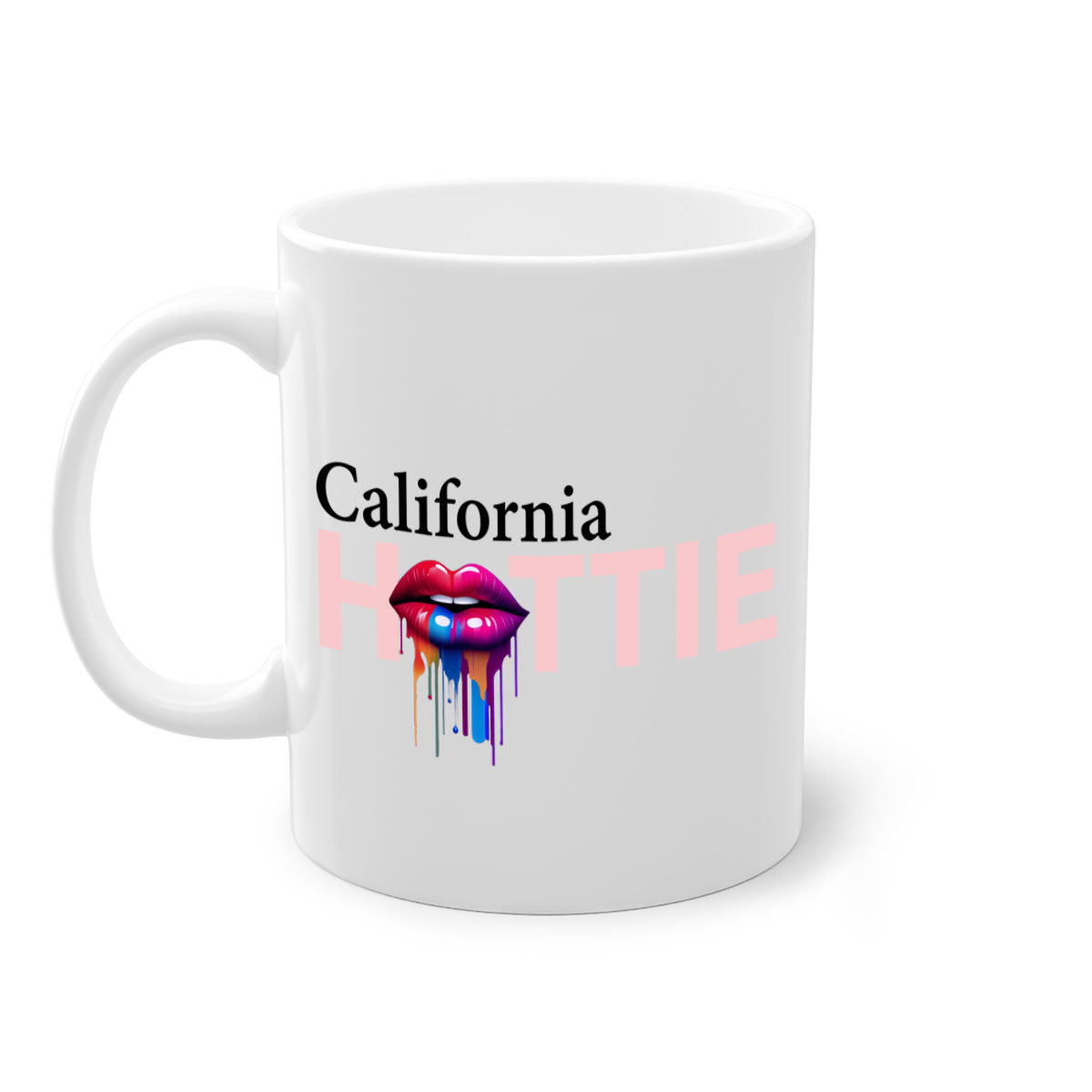 California Hottie Mug with dripping lips design, featuring a glossy finish and colorful handle, perfect for coffee and tea.