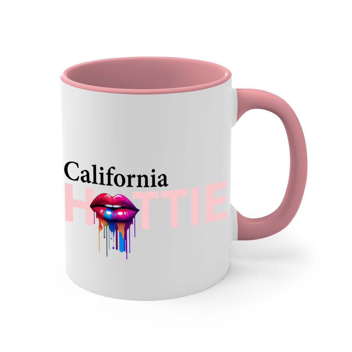 California Hottie Mug with dripping lips design, featuring a glossy finish and colorful handle, perfect for coffee and tea.