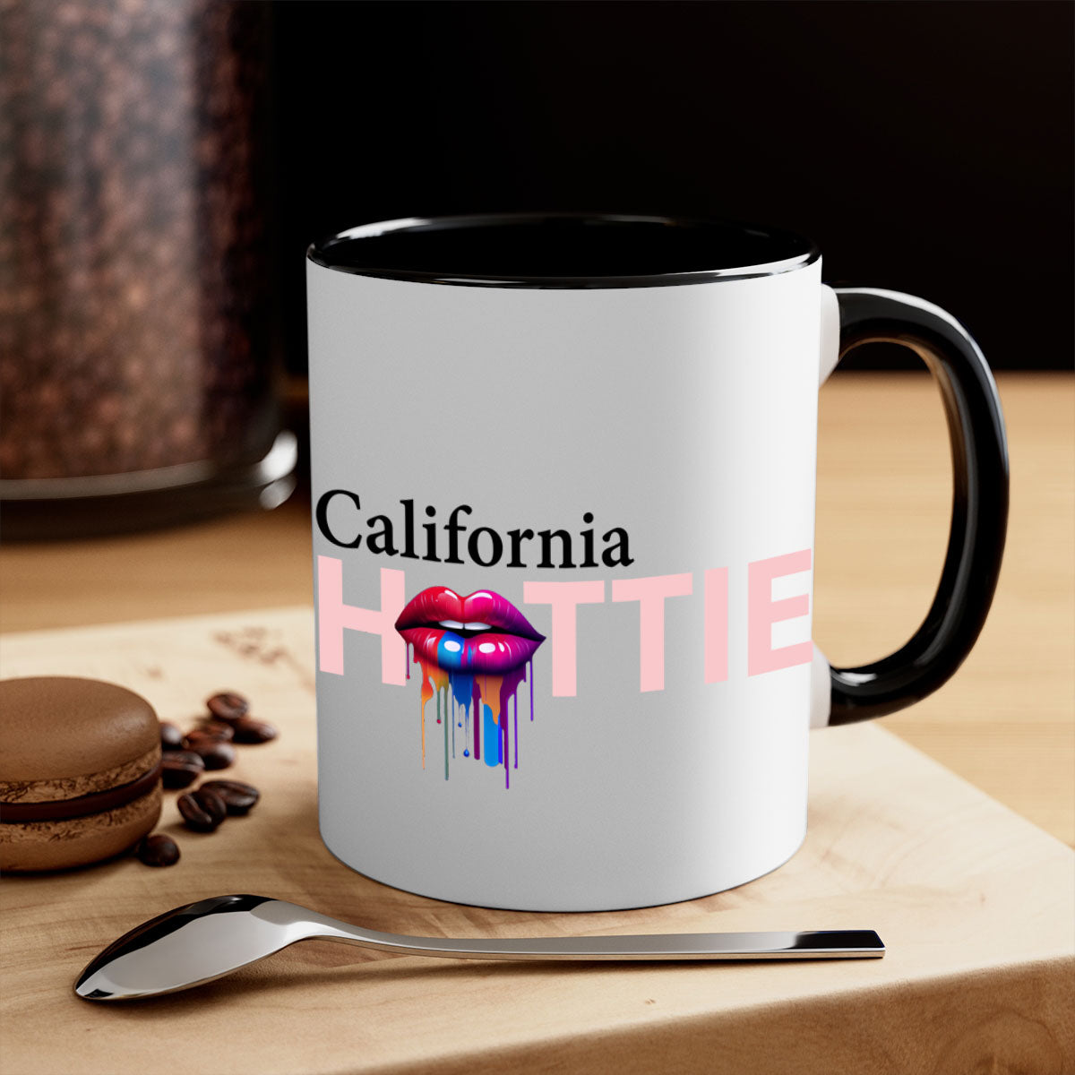 California Hottie Mug with dripping lips design, featuring a glossy finish and colorful handle, perfect for coffee and tea.