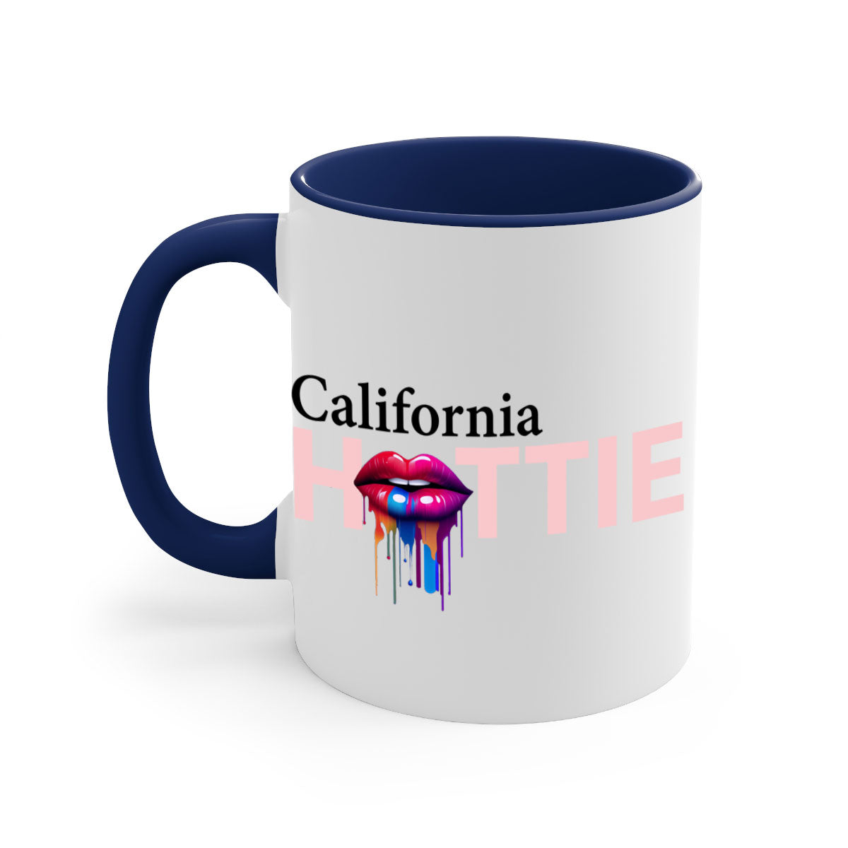 California Hottie Mug with dripping lips design, featuring a glossy finish and colorful handle, perfect for coffee and tea.