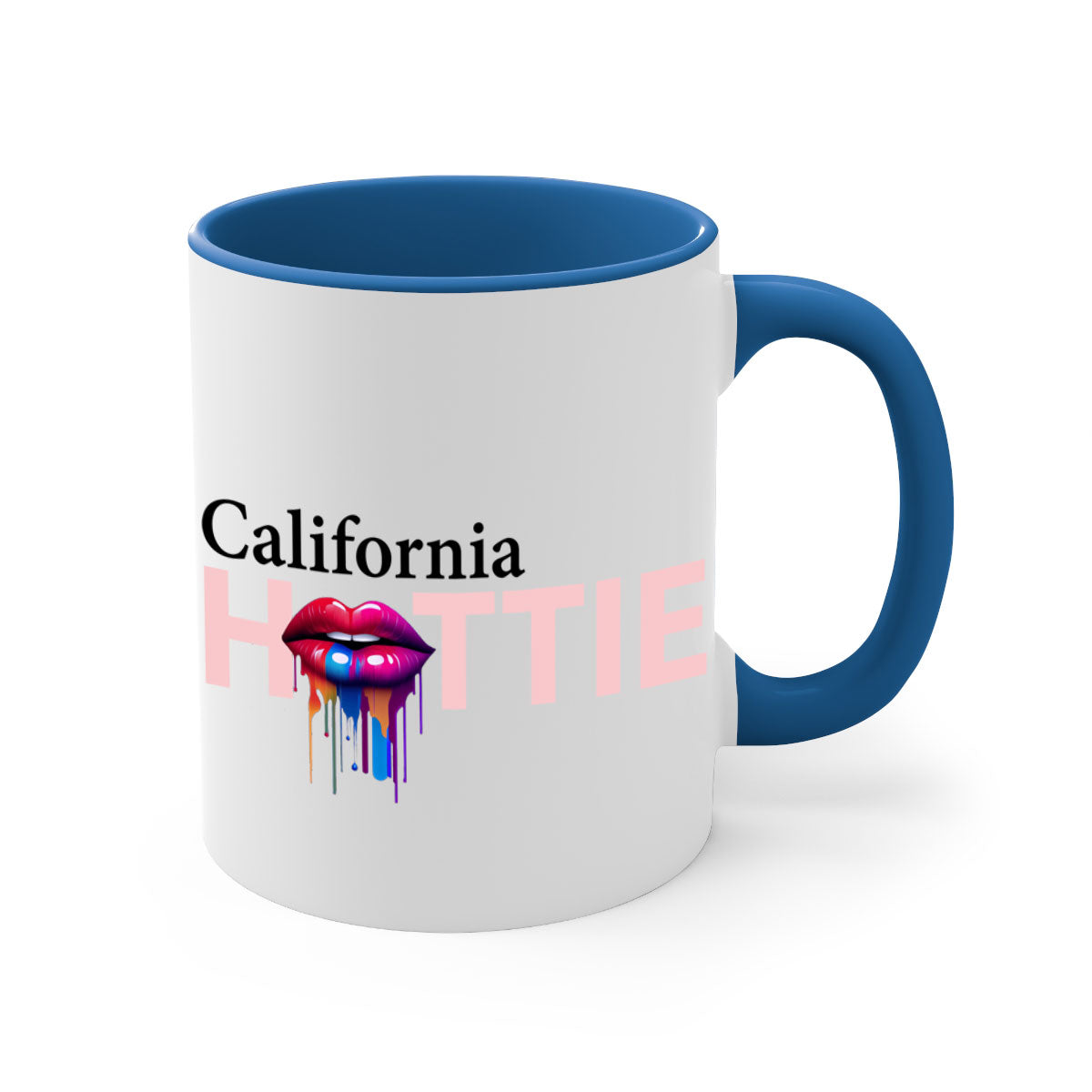 California Hottie Mug with dripping lips design, featuring a glossy finish and colorful handle, perfect for coffee and tea.