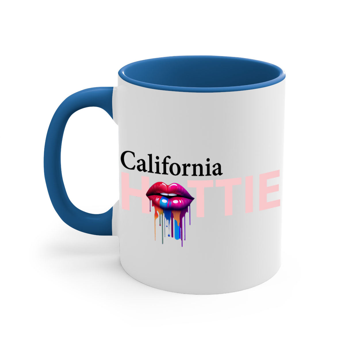 California Hottie Mug with dripping lips design, featuring a glossy finish and colorful handle, perfect for coffee and tea.