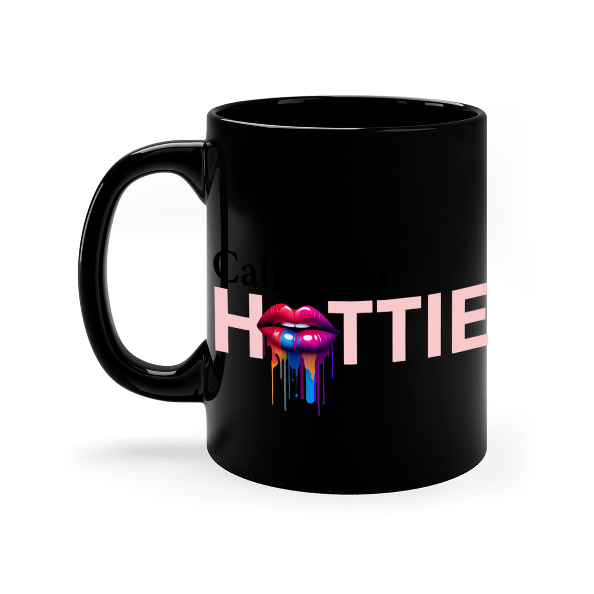 California Hottie Mug with dripping lips design, featuring a glossy finish and colorful handle, perfect for coffee and tea.