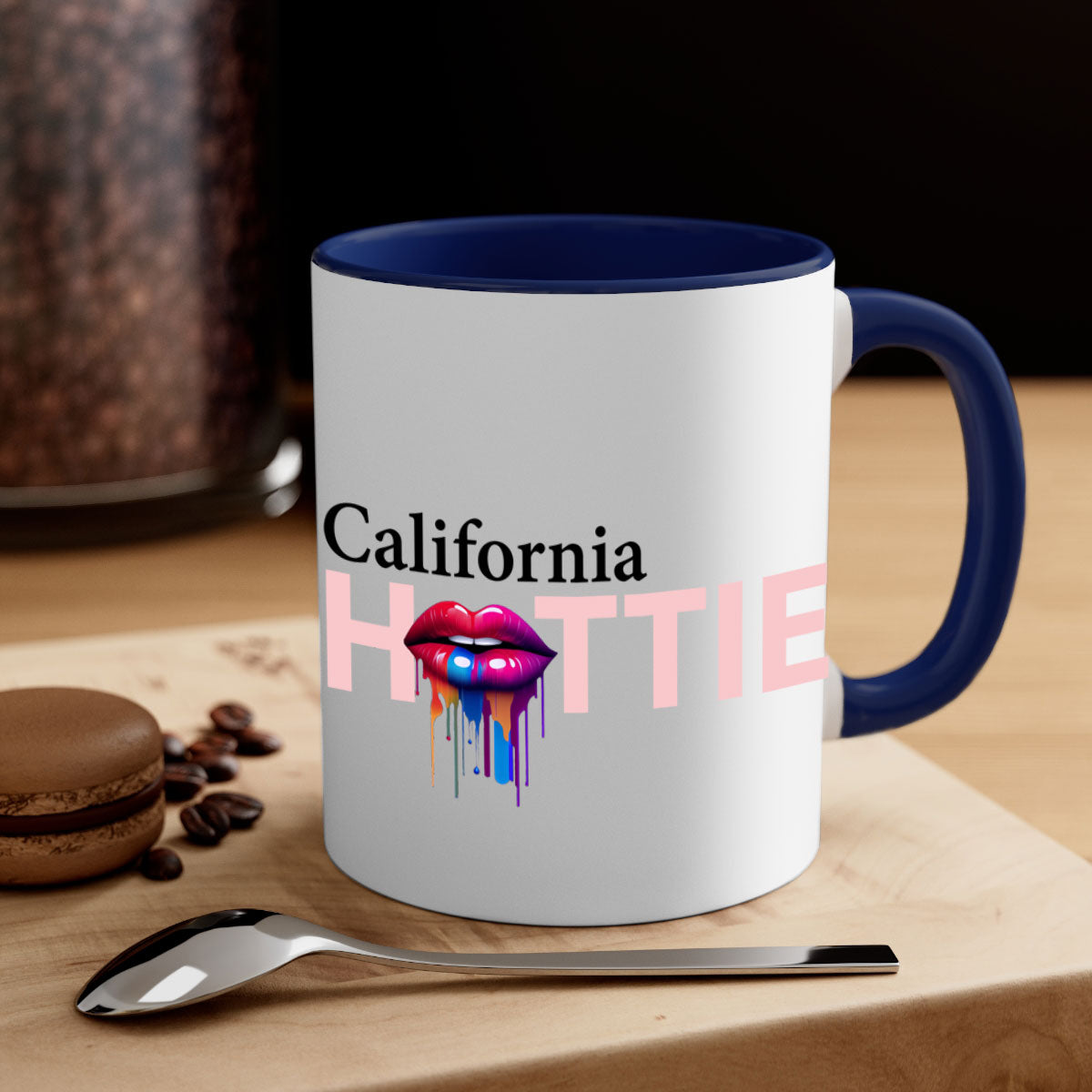 California Hottie Mug with dripping lips design, featuring a glossy finish and colorful handle, perfect for coffee and tea.